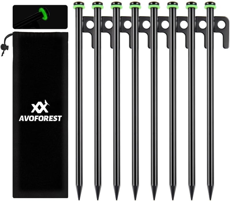 AVOFOREST 8Inch Heavy Duty Tent Stakes,8 PCS Tent Pegs Metal+Fluorescent Silicone Rings+ Storage Bag for Camping - Image 1